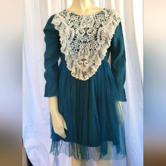 Trish Scully Girls Size 14 Teal Tulle Lace‎ Pearls Layered Skirt Dress - Picture 1 of 15